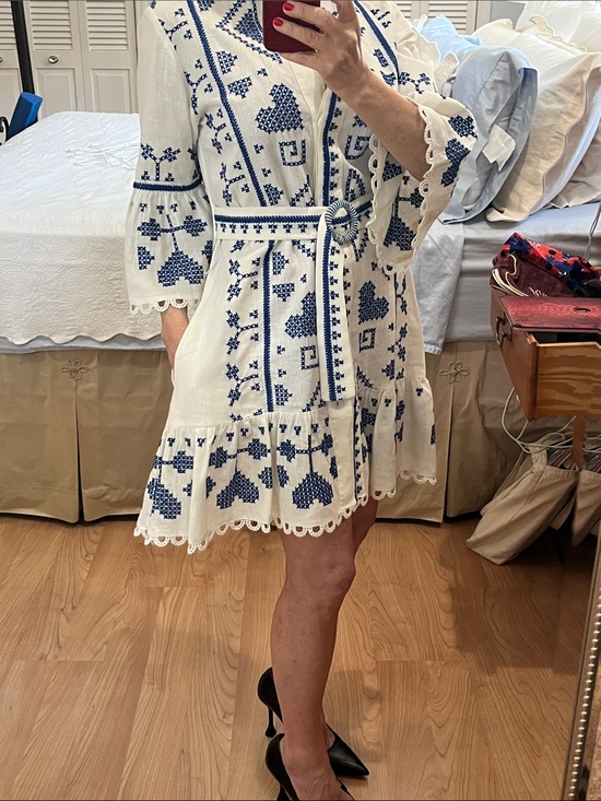 FARM Rio Dresses & Skirts - FARM Rio White Mini Dress with Blue Embroidery Crosstitch